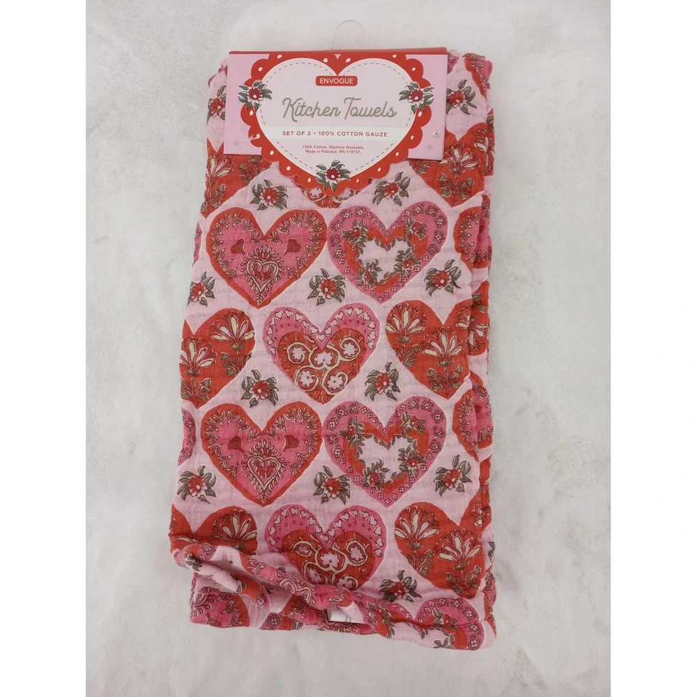 ENVOGUE‎ KITCHEN TOWELS COTTON GAUZE HEARTS FLORAL PINK 18X28